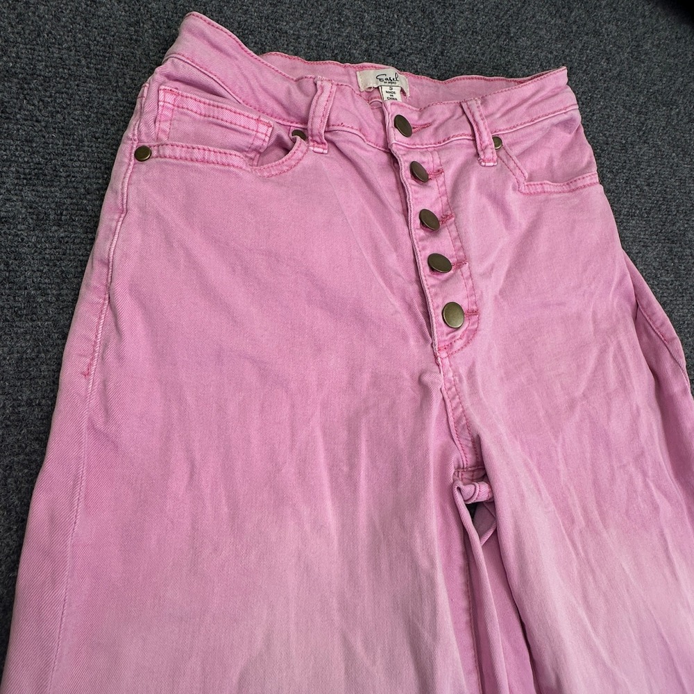 Easel Wide Leg Pants Pink High Rise Button Fly Raw Hem Barbiecore Boho‎ Retro